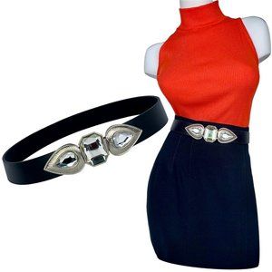 Rare vintage European-made black statement belt w/bold jewel clasps - EU OS